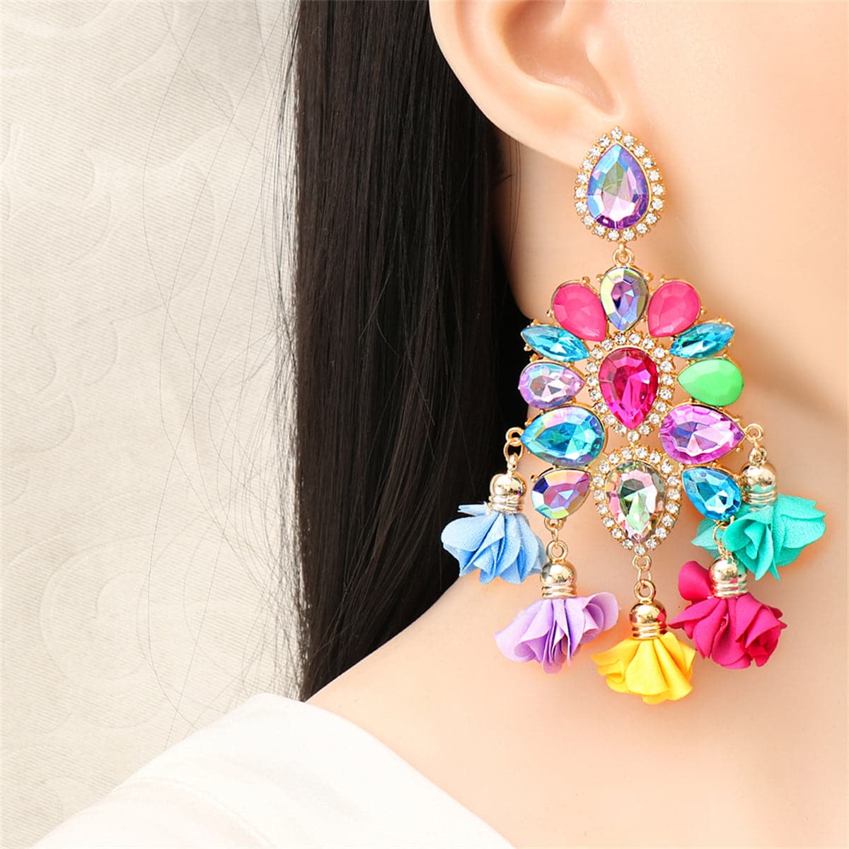Rainbow Crystal & Cubic Zirconia 18K Gold-Plated Floral Tassel Drop Earrings