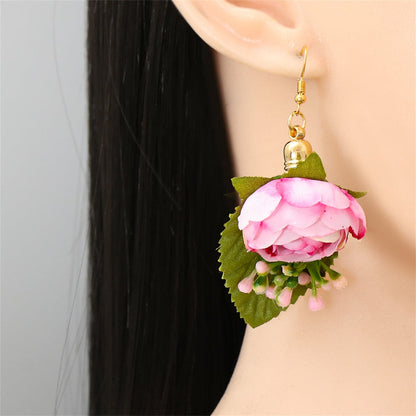 Pink Plastic and 18K Gold-Plated Flower Drop Earrings, gold drop earrings for women, vintage-inspired design, front view