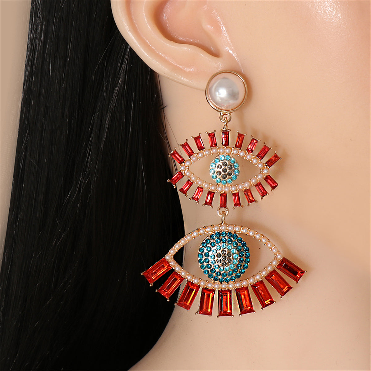 Red Crystal & Cubic Zirconia Evil Eye Drop Earrings