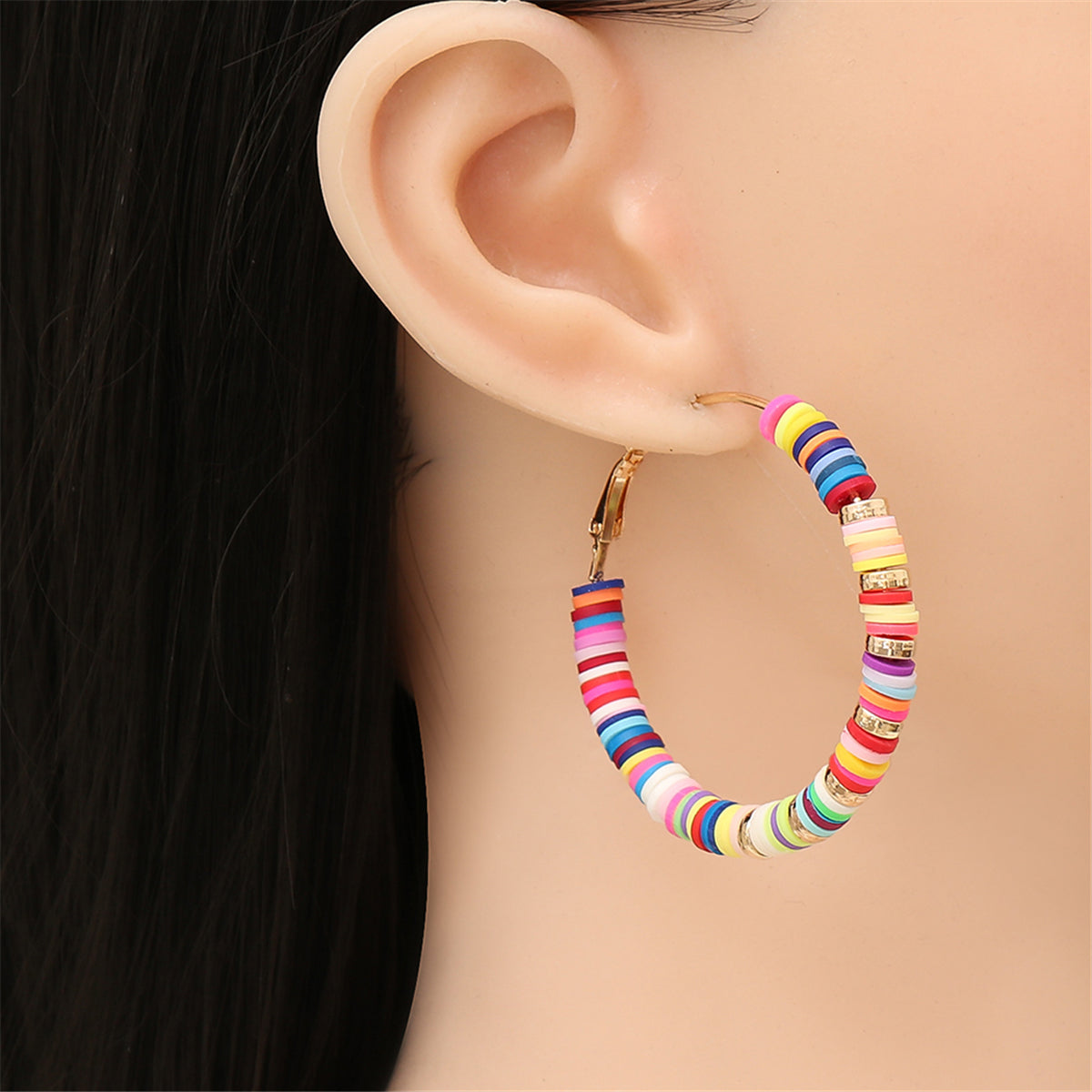 Polymer Clay and 18K Gold-Plated Multicolor Beads Hoop Earrings, everyday style, detail close-up
