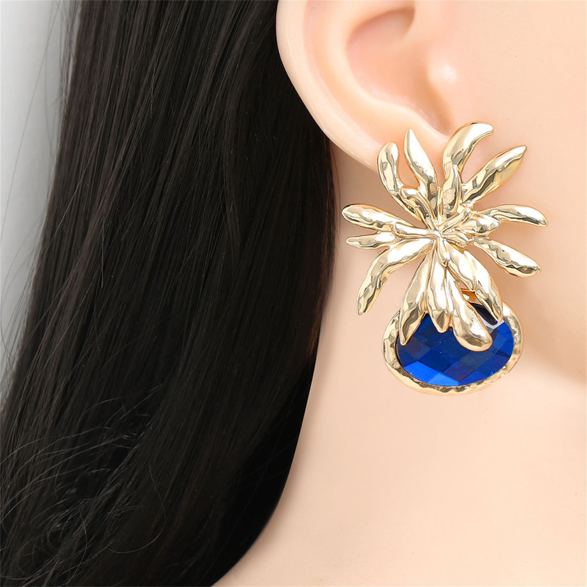 Blue Oval Crystal & 18K Gold-Plated Flower Drop Earrings