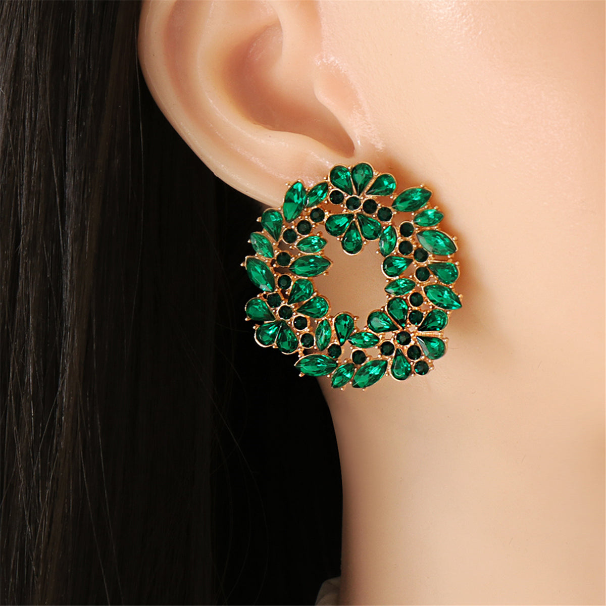 Green Crystal & Cubic Zirconia Wreath Stud Earrings