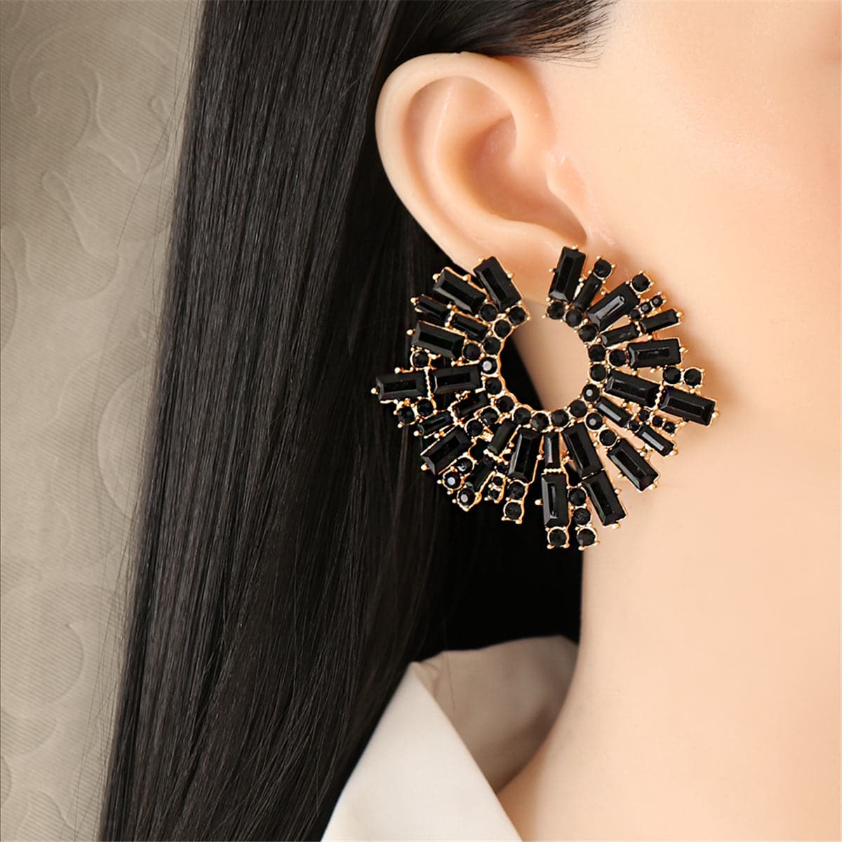 Black Cubic Zirconia and 18K Gold-Plated Stud Earring, gold stud earrings for women, vintage-inspired design, front view