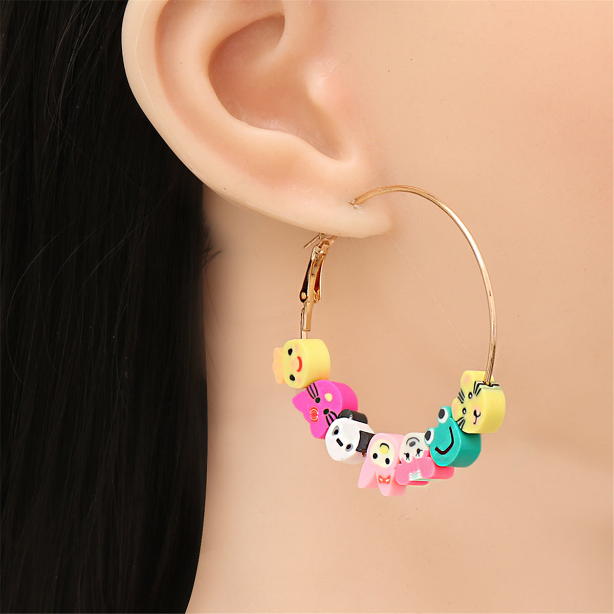 Pink Polymer Clay & 18K Gold-Plated Multi-Hued Animal Beads Hoop Earrings