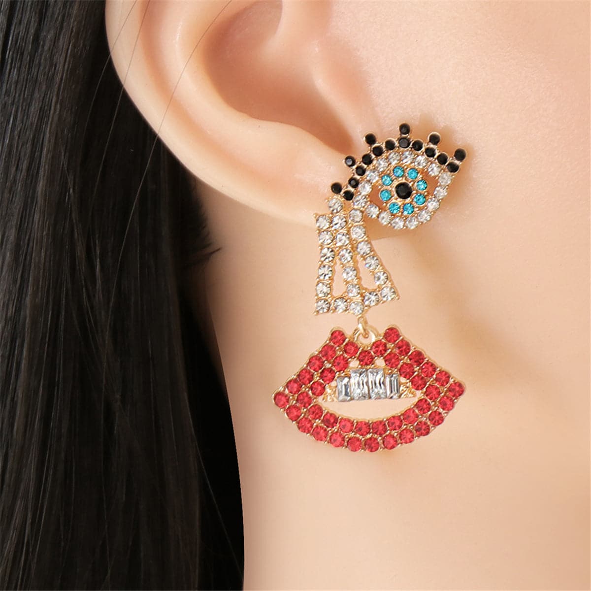 Red & White Cubic Zirconia Eye Stud & Lips Drop Earrings