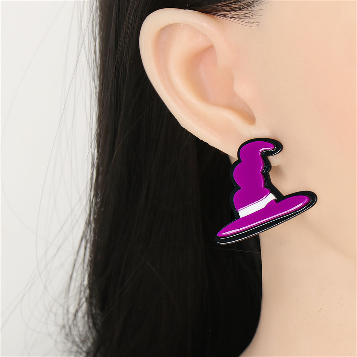 Purple Acrylic and Silver-Plated Witch Hat Drop Earrings, silver drop earrings for women, detail close-up