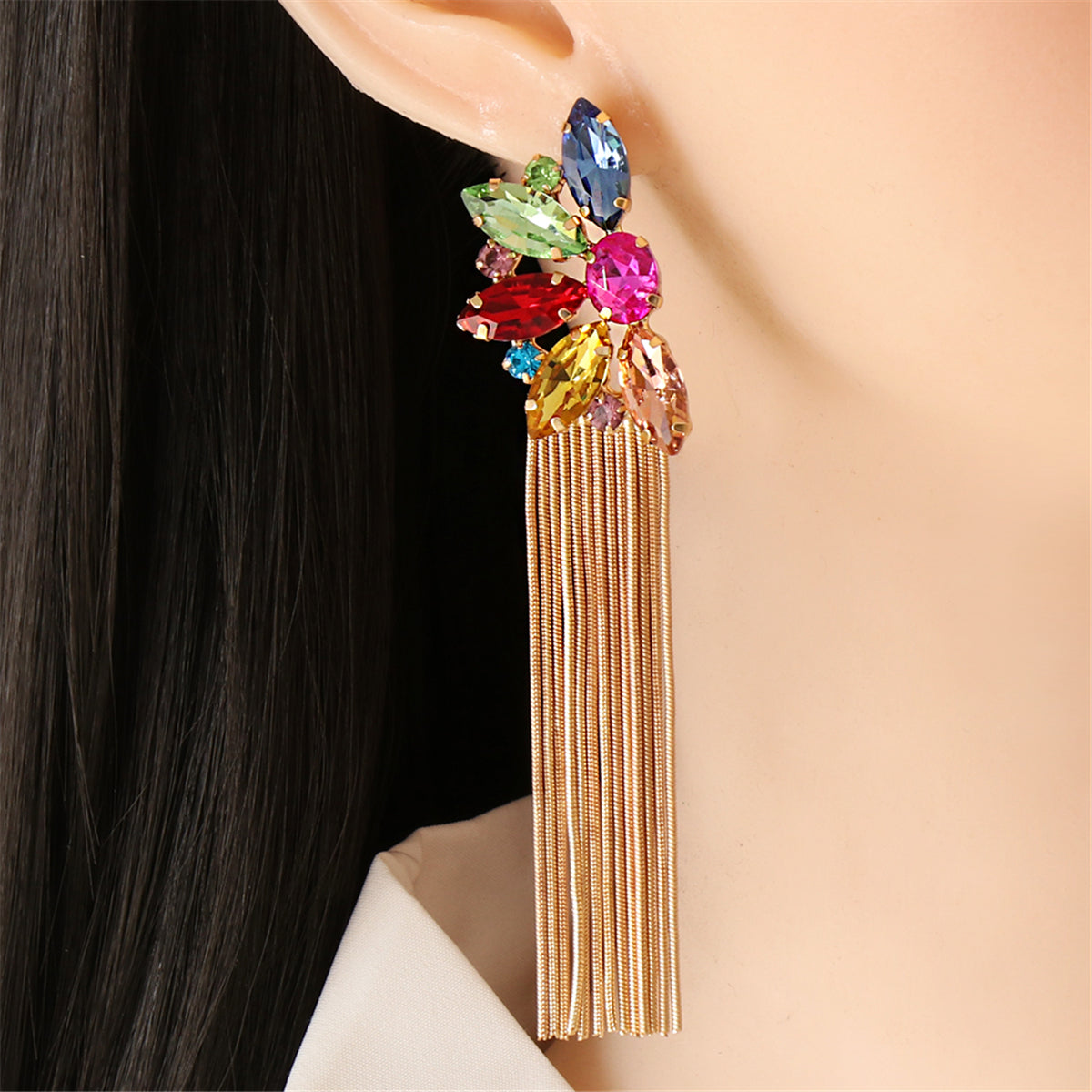 Multicolor Crystal and Cubic Zirconia 18K Gold-Plated Botany Tassel Drop Earrings, gold drop earrings for women, front view