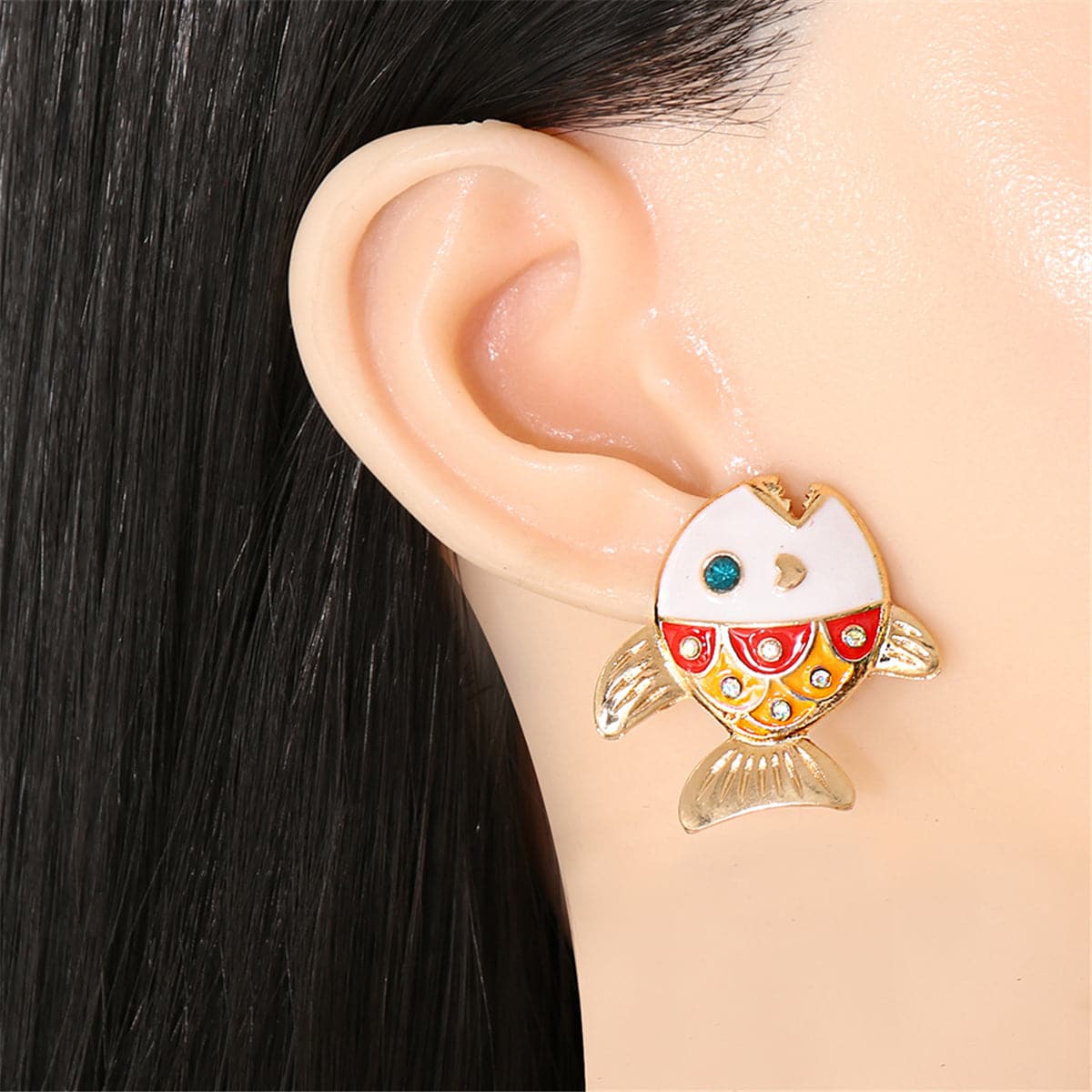 Cubic Zirconia & Enamel 18K Gold-Plated Color Block Fish Stud Earrings