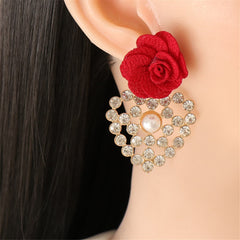 Red Lace & Cubic Zirconia Flower Drop Earrings
