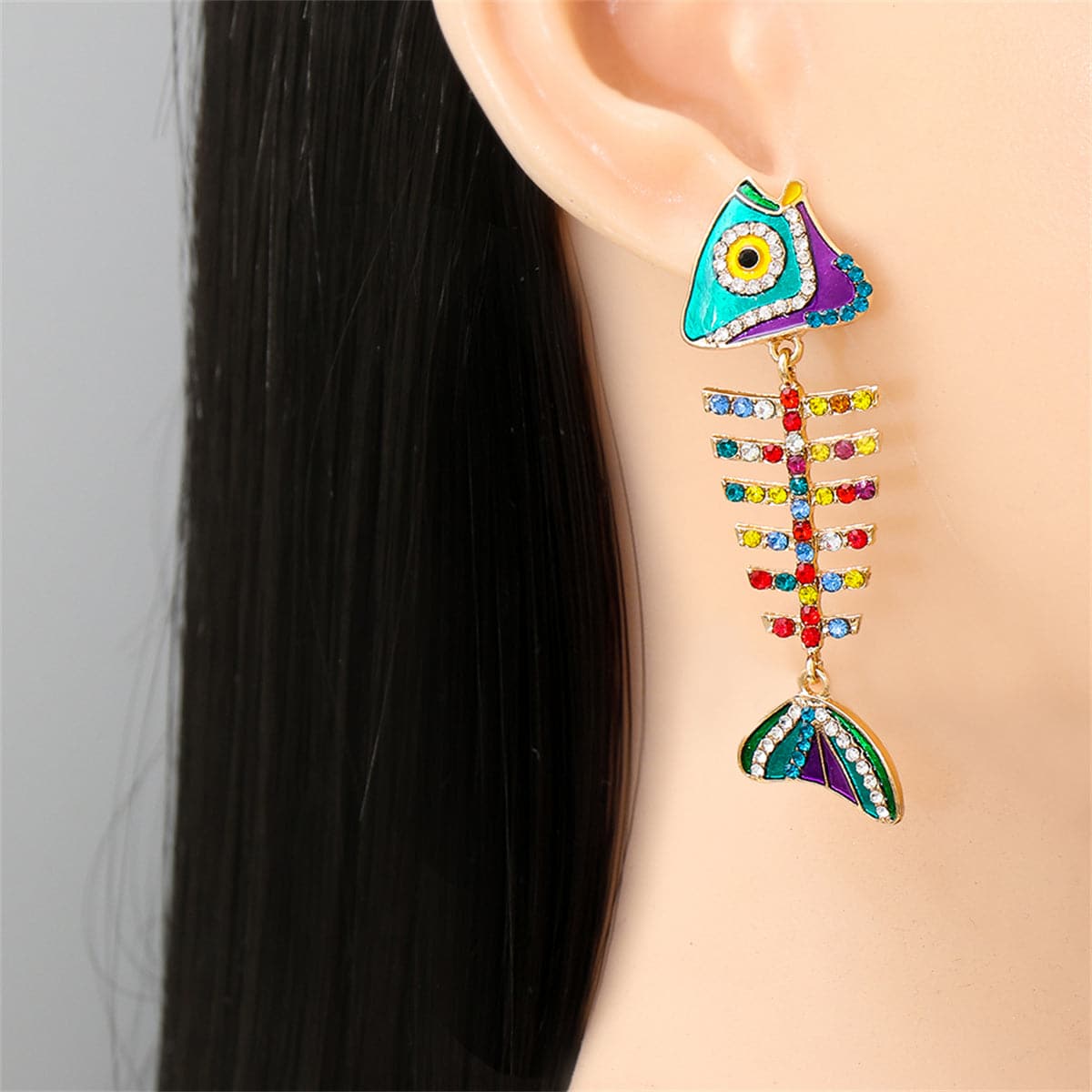 Blue & Red Cubic Zirconia Fishbone Drop Earrings