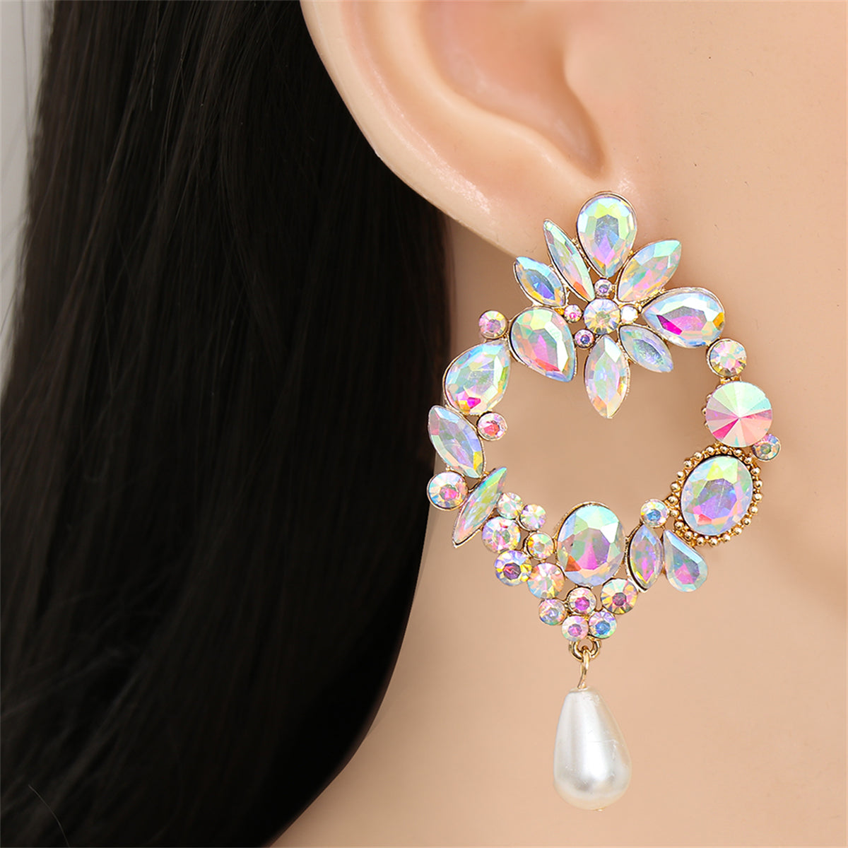 Light Colored Crystal and Cubic Zirconia Pearl Botany Drop Earrings, drop earrings for women, everyday style, front view