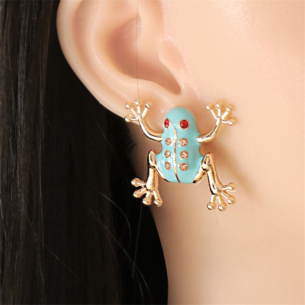 Cubic Zirconia and Enamel 18K Gold-Plated Frog Stud Earrings, gold stud earrings for women, front view