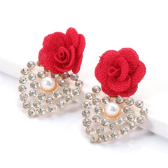 Red Lace & Cubic Zirconia Flower Drop Earrings