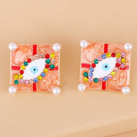 Red Multicolor Cubic Zirconia & Pearl Eye Stud Earrings