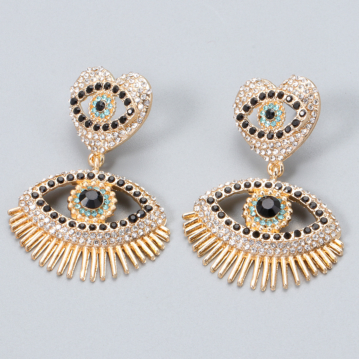 Black Cubic Zirconia and 18K Gold-Plated Evil Eye Drop Earrings, gold drop earrings for women, botanical inspired, side view
