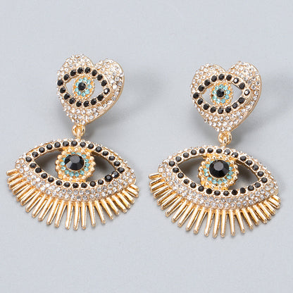 Black Cubic Zirconia and 18K Gold-Plated Evil Eye Drop Earrings, gold drop earrings for women, botanical inspired, side view
