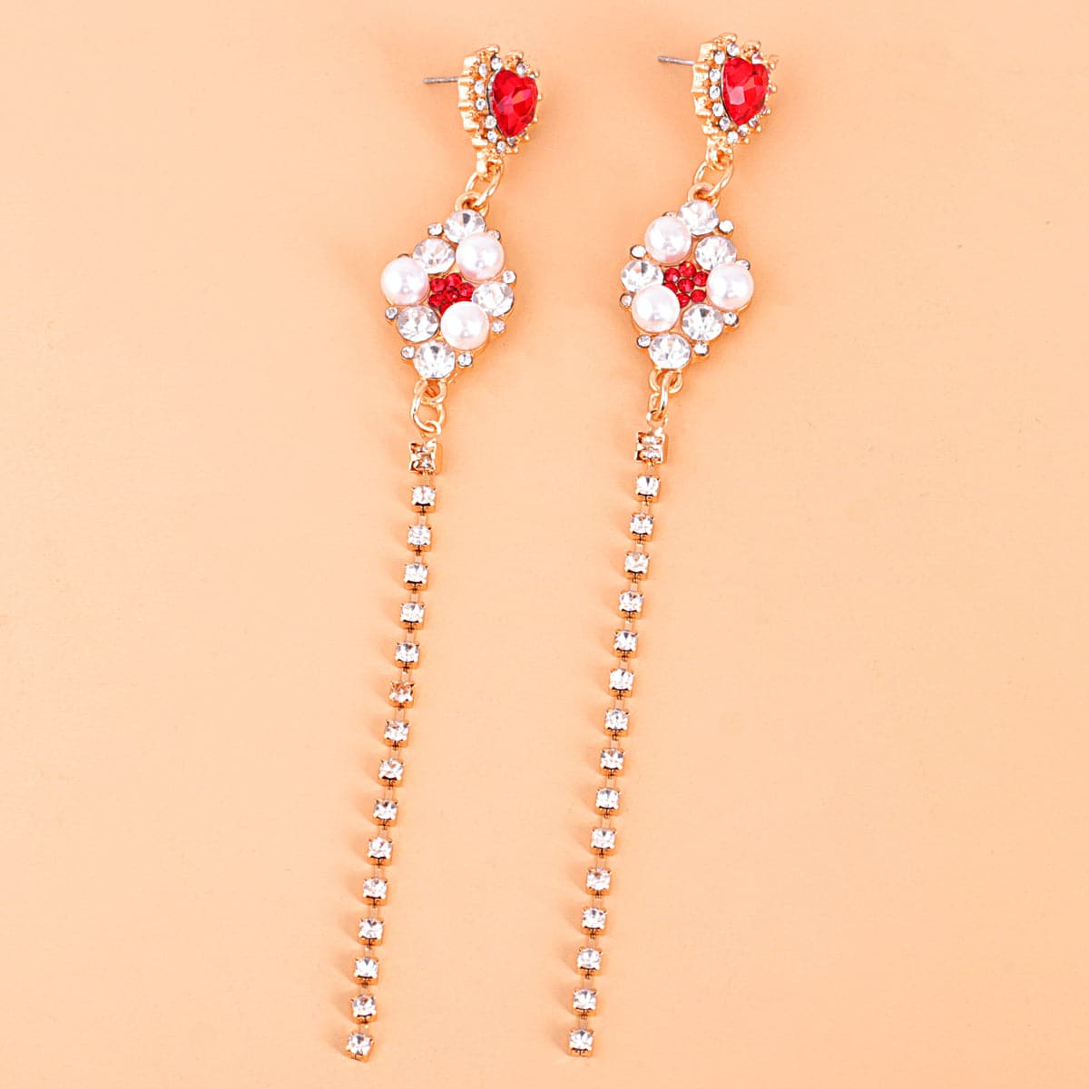 Red Cubic Zirconia & Pearl 18K Gold-Plated Heart Drop Earrings