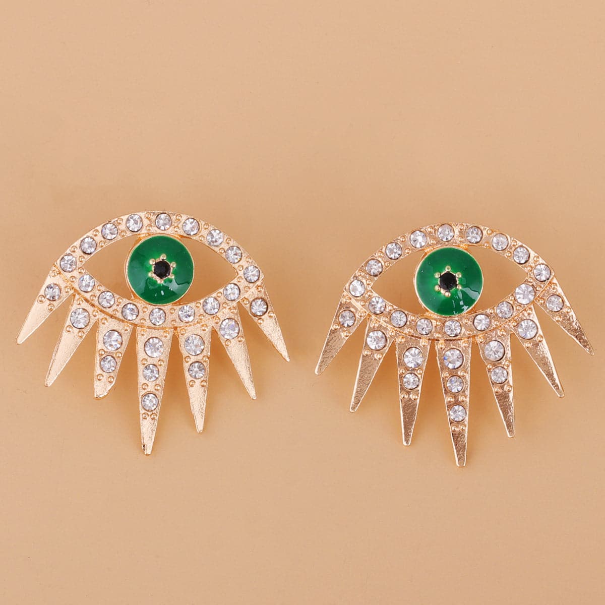 Cubic Zirconia & Green Enamel Eye Stud Earrings