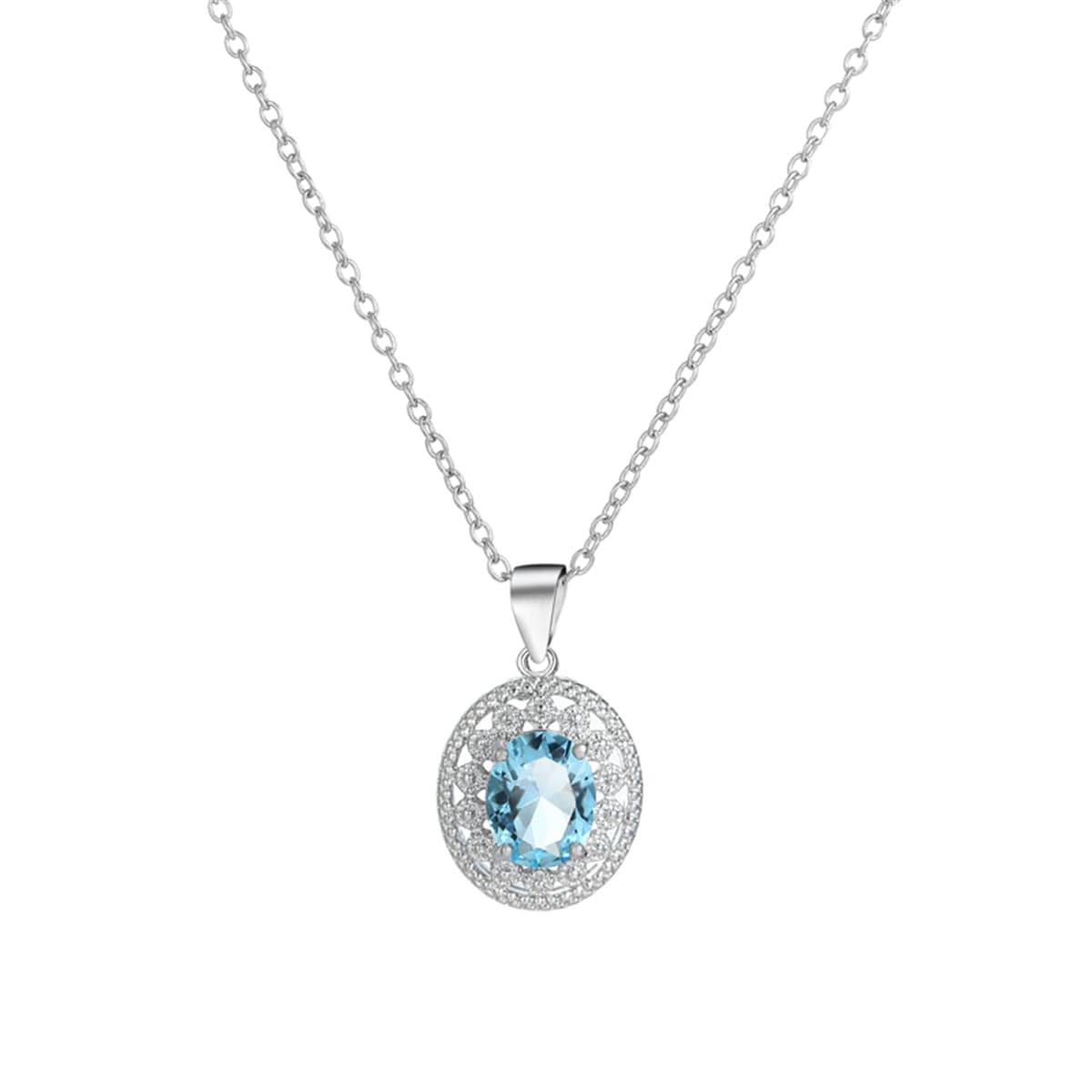 Sea Blue Crystal and Silver-Plated Oval Pendant Necklace, silver pendant necklace for women, everyday style, front view