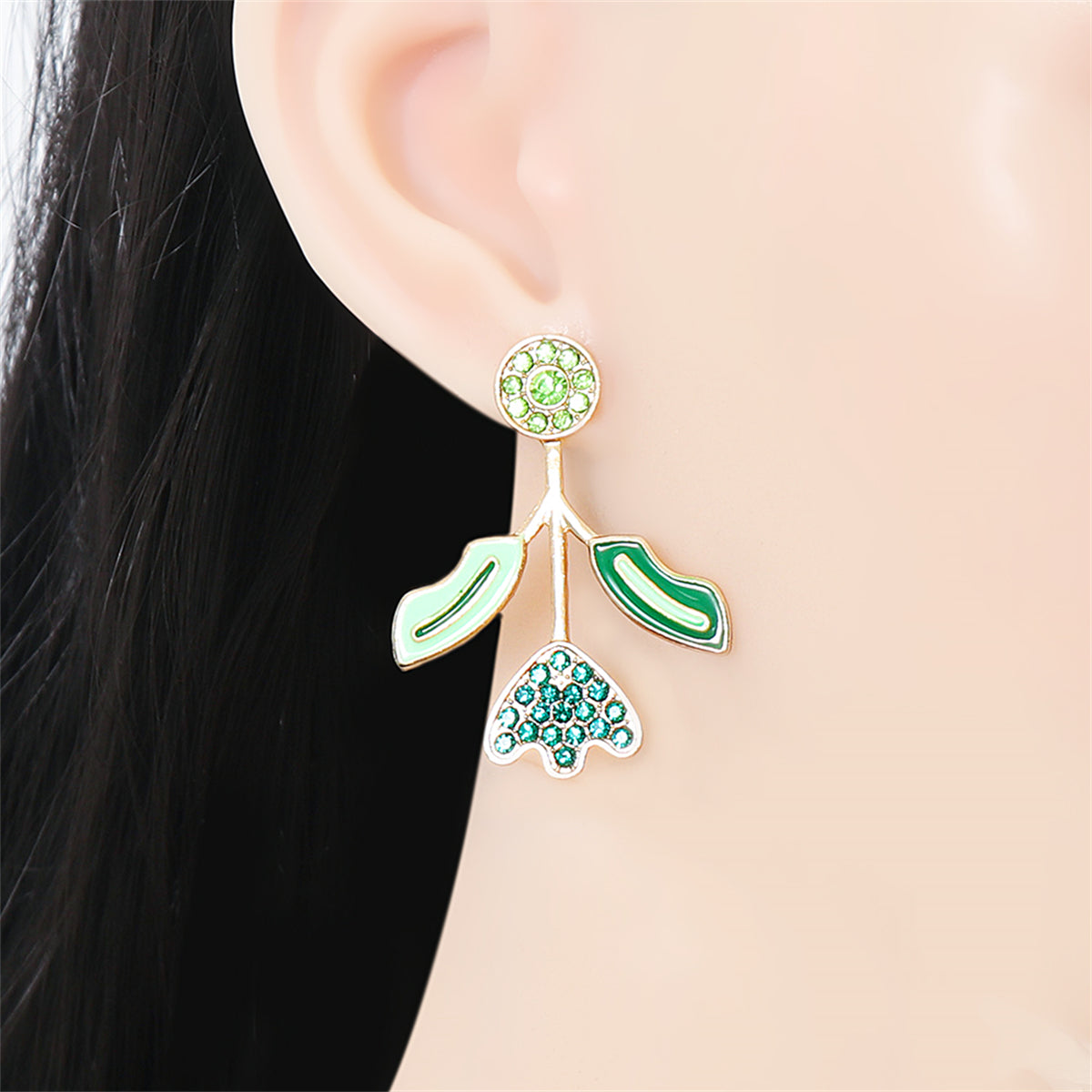 Green Cubic Zirconia & Enamel Leaf Drop Earrings