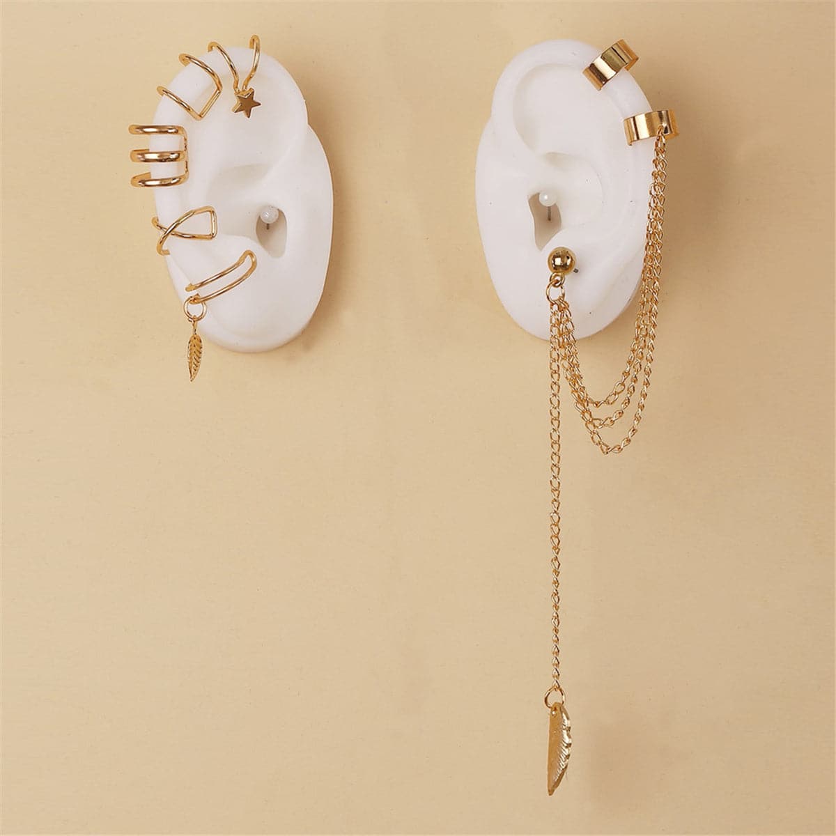 18K Gold-Plated Leaf Star Cuff Earring Set, gold drop earrings for women, botanical inspired, side view