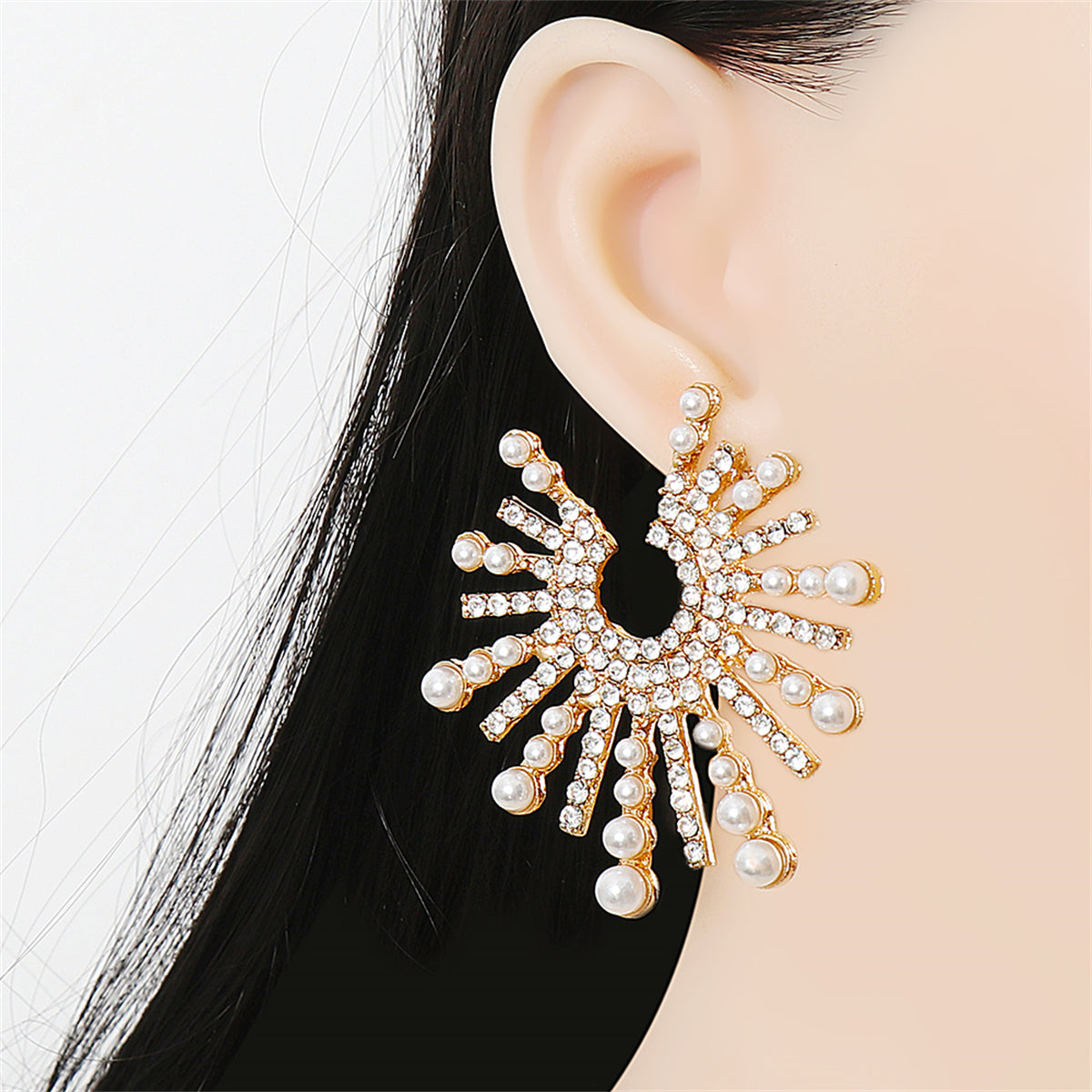 Cubic Zirconia & Pearl 18K Gold-Plated Sun Stud Earrings