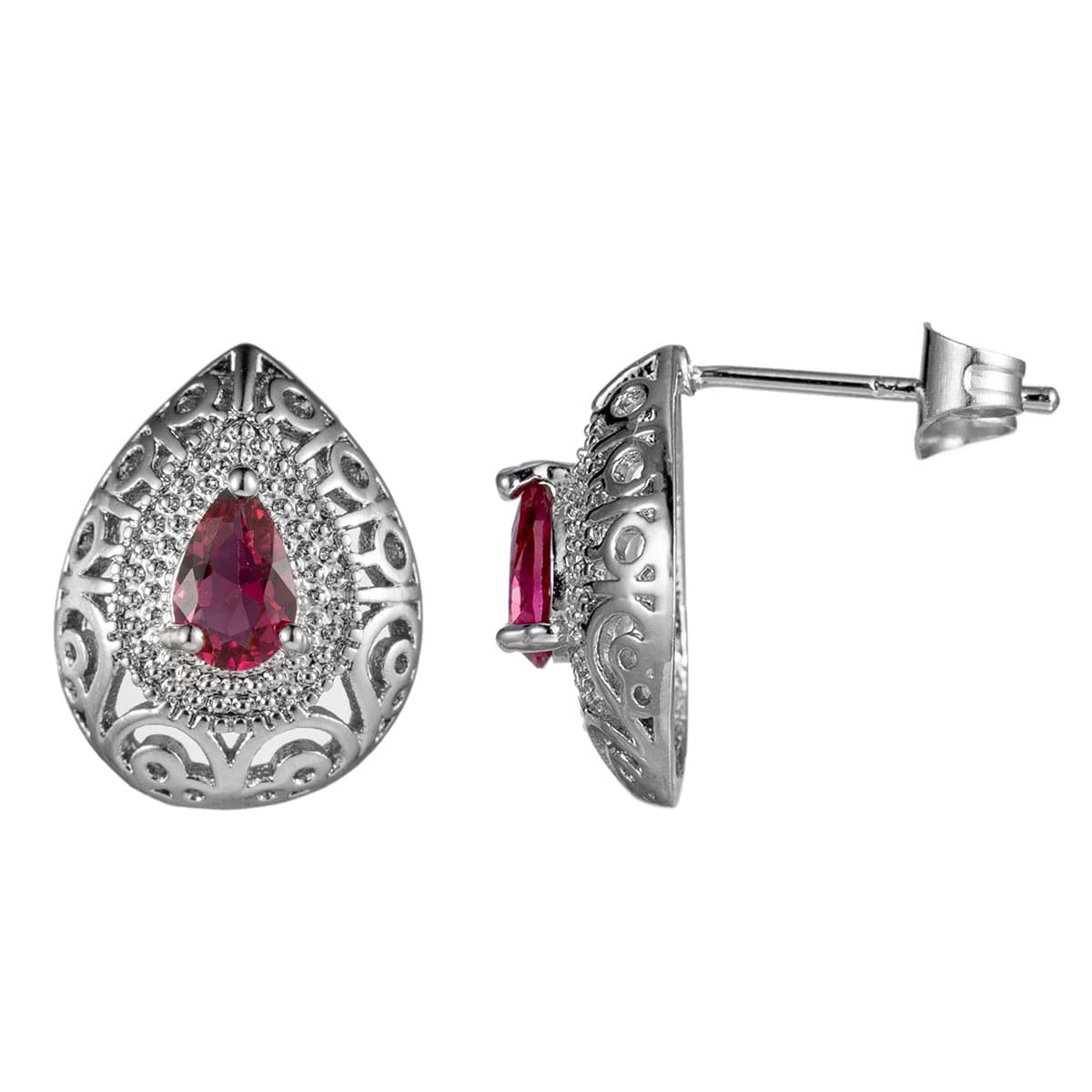 Rose Crystal and Silver-Plated Filigree Pear-Cut Stud Earrings, cubic zirconia stud earrings for women, side view