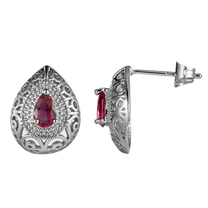 Rose Crystal and Silver-Plated Filigree Pear-Cut Stud Earrings, cubic zirconia stud earrings for women, side view