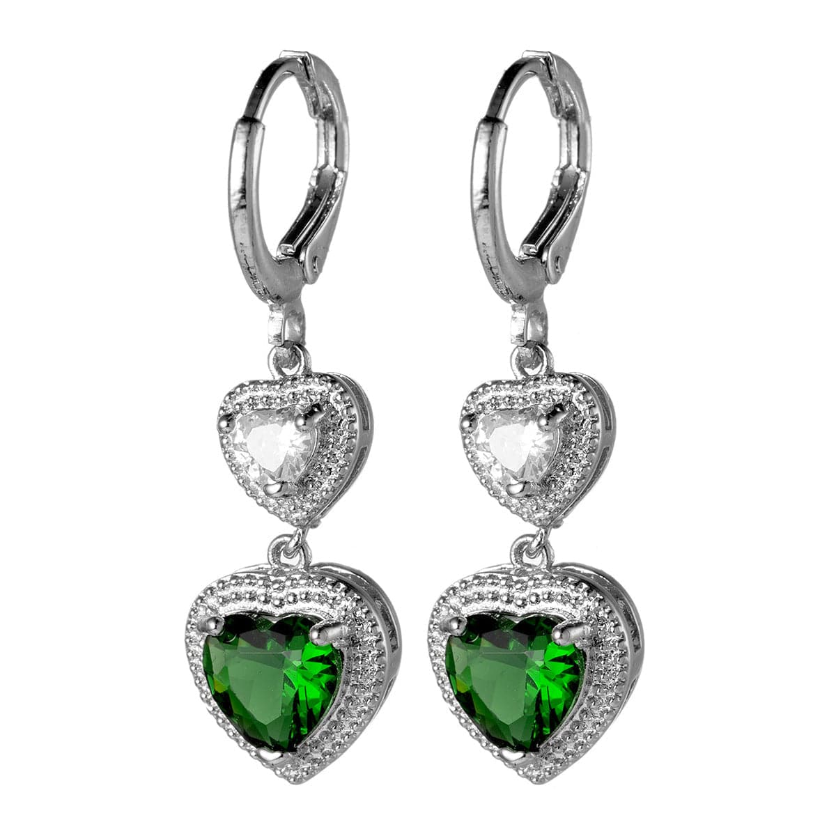 Green Crystal & Silver-Plated Heart Drop Earrings