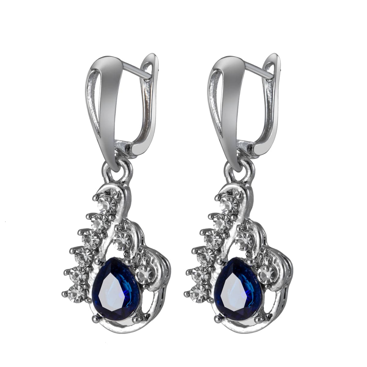 Navy Crystal & Silver-Plated Pear-Shaped Drop Earrings