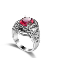 Red Crystal & Silver-Plated Openwork Oval Ring