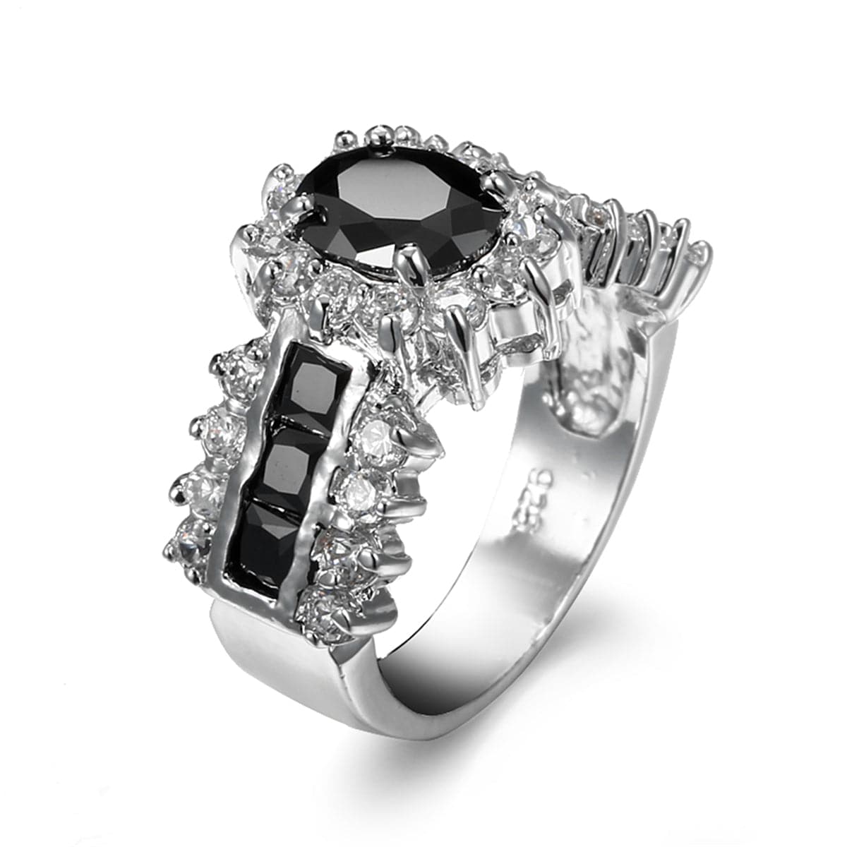 Black Crystal and Cubic Zirconia Oval-Cut Ring, statement rings for women, elegant gift for her, front view