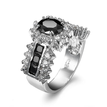 Black Crystal and Cubic Zirconia Oval-Cut Ring, statement rings for women, elegant gift for her, front view