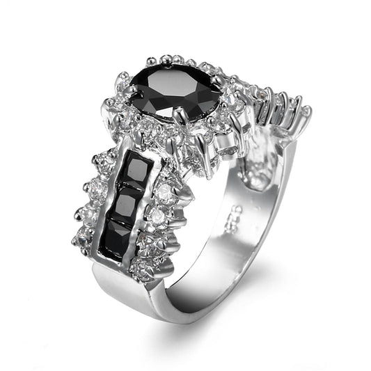 Black Crystal and Cubic Zirconia Oval-Cut Ring, statement rings for women, elegant gift for her, front view