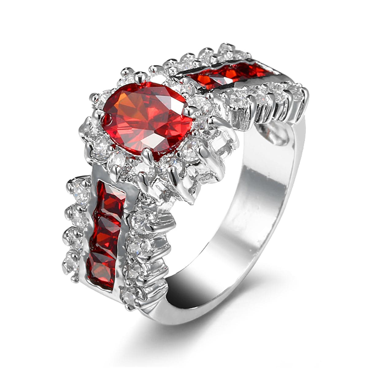Red Cubic Zirconia and Crystal Baguette-Row Oval Ring, statement rings for women, dainty minimalist design, front view