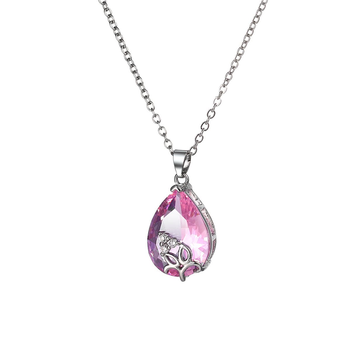 Pink Crystal & Silver-Plated Teardrop Pendant Necklace