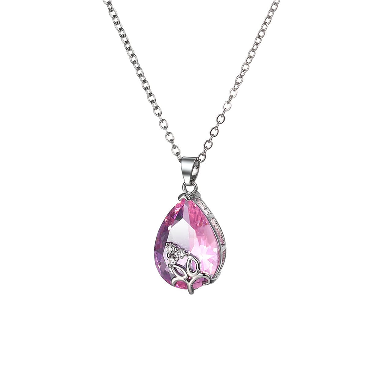 Pink Crystal & Silver-Plated Teardrop Pendant Necklace
