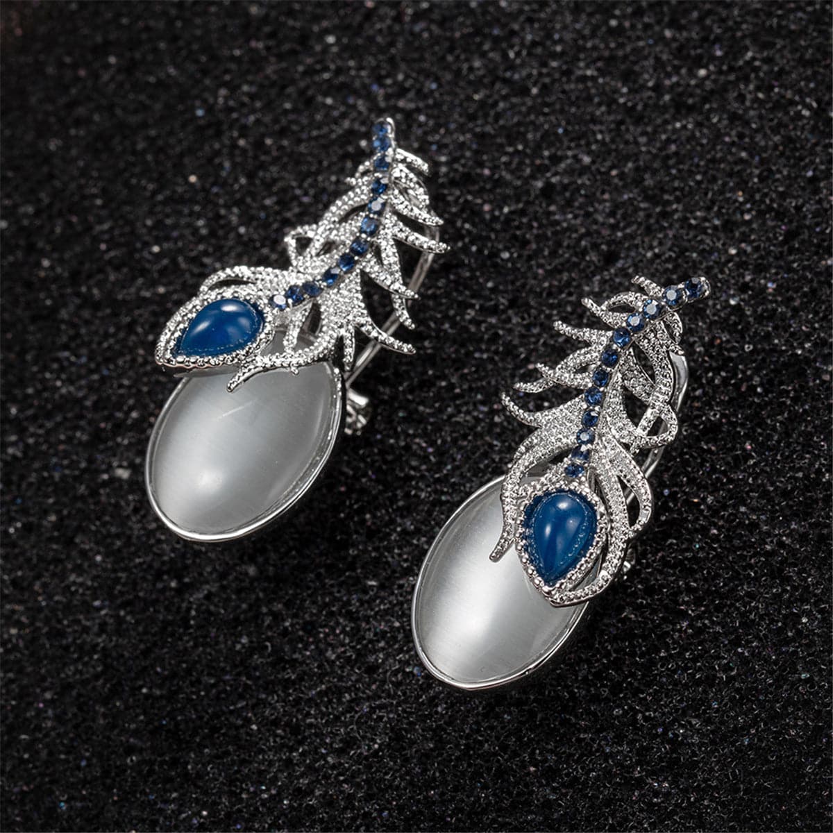 Cubic Zirconia & Blue Rhinestone Feather Pear-Cut Drop Earrings