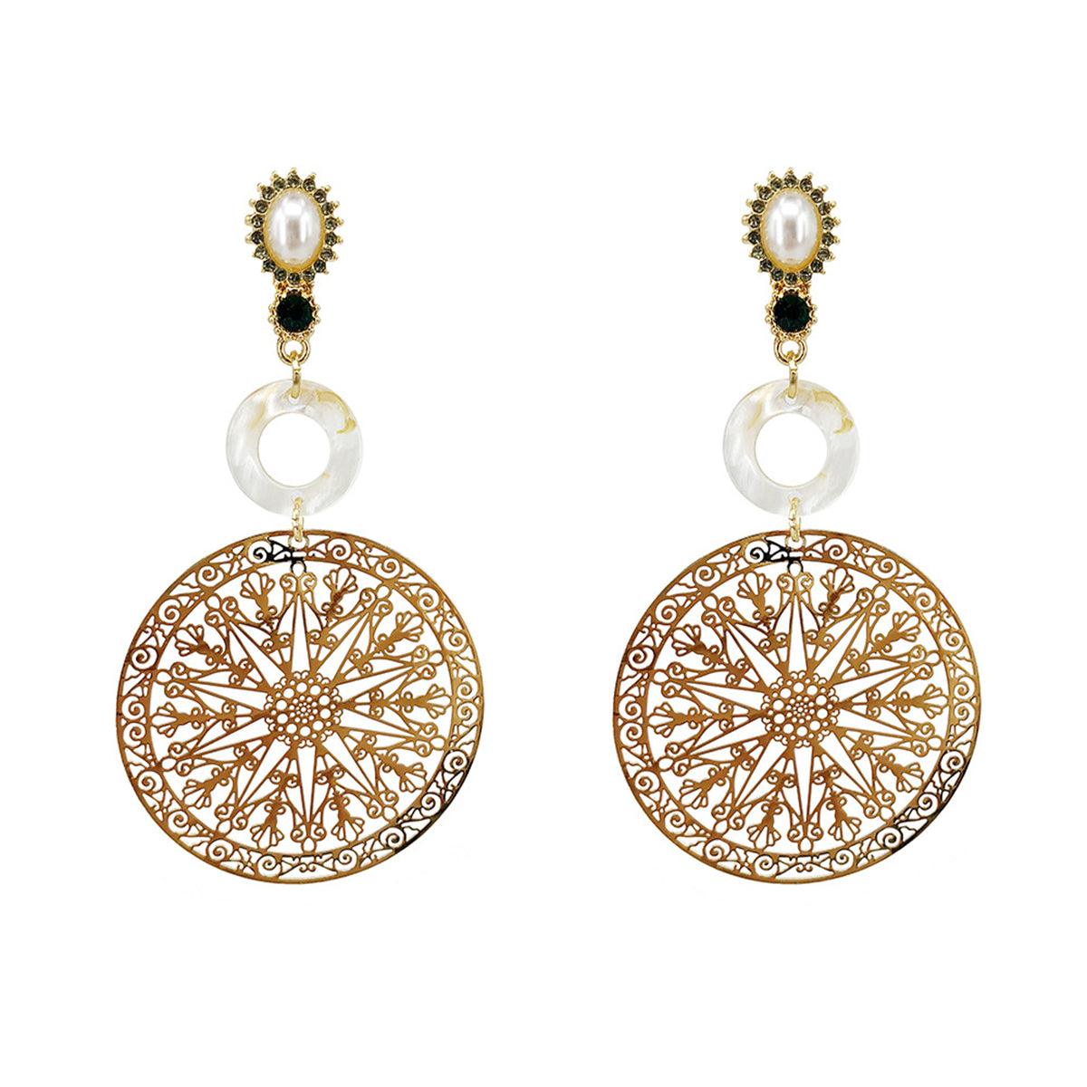 Pearl and Cubic Zirconia 18K Gold-Plated Filigree Circle Drop Earrings, gold drop earrings for women, front view