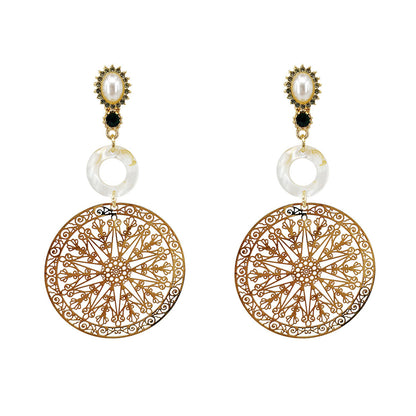 Pearl and Cubic Zirconia 18K Gold-Plated Filigree Circle Drop Earrings, gold drop earrings for women, front view