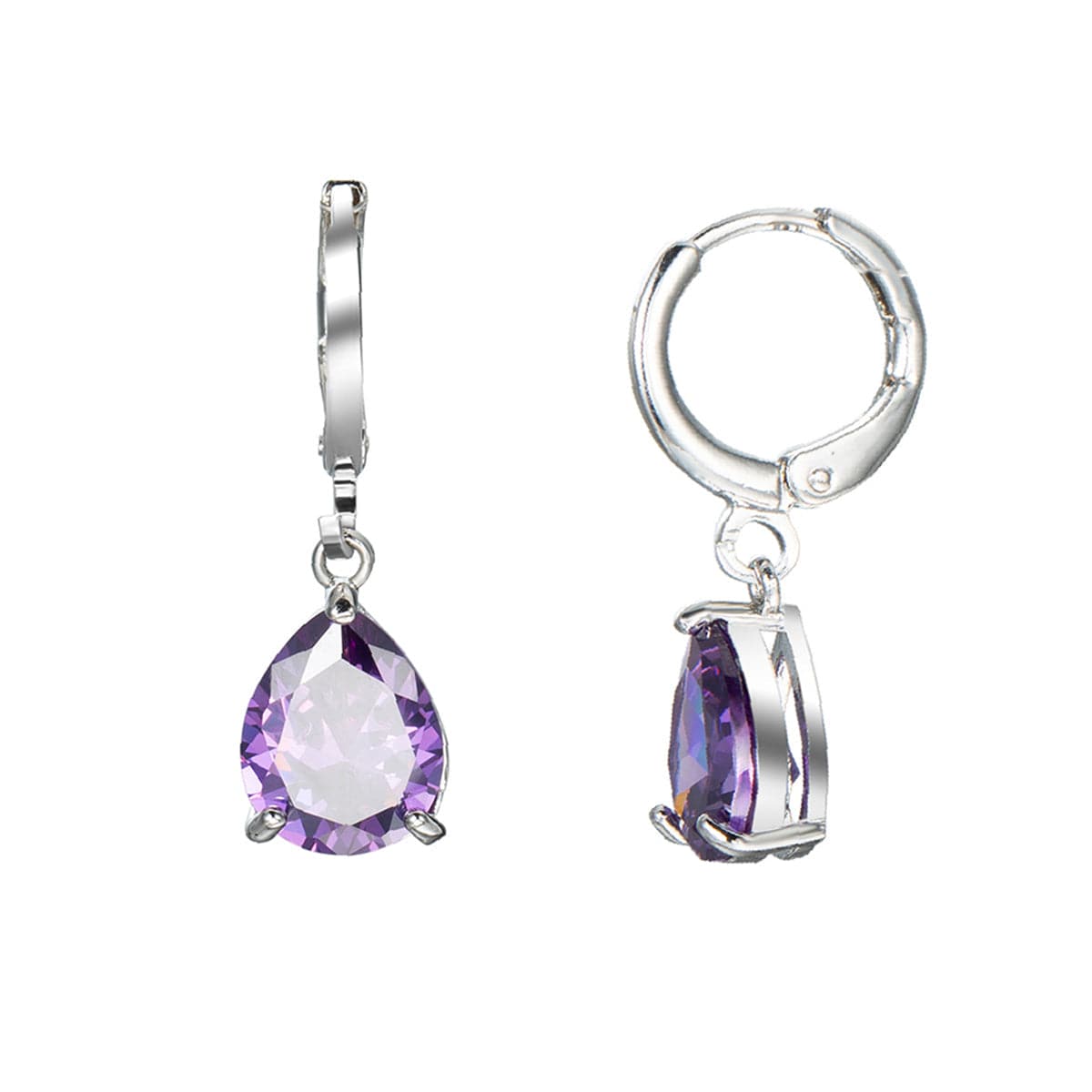Purple Crystal & Silver-Plated Teardrop Leverback Earrings
