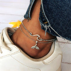 Silver-Plated Wave & Fish Tail Charm Layer Anklet
