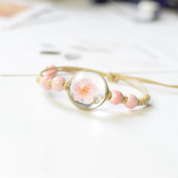 Pink Peach Blossom & Ceramic Bead Adjustable Bracelet