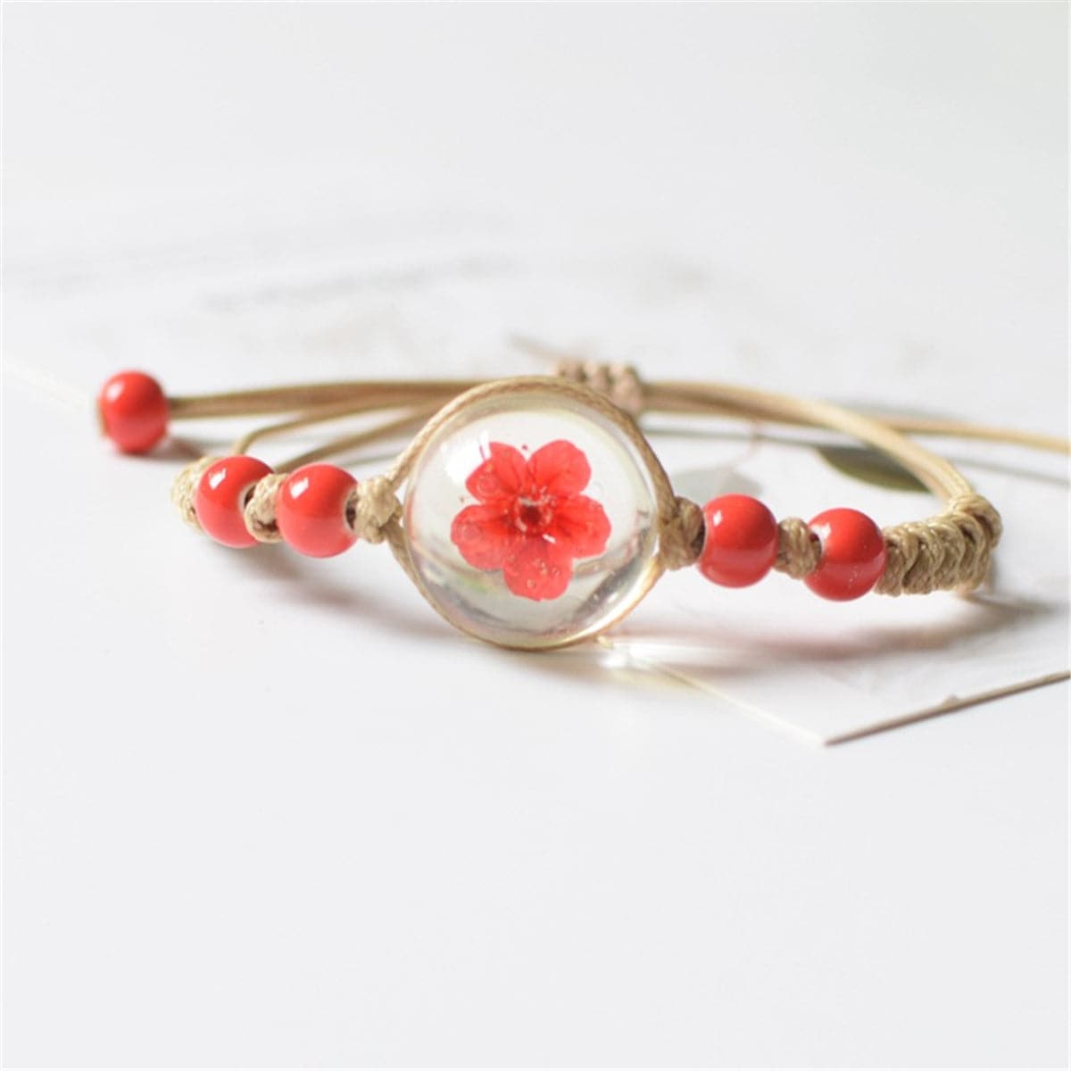 Red Peach Blossom & Ceramic Bead Adjustable Bracelet