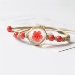 Red Peach Blossom & Ceramic Bead Adjustable Bracelet