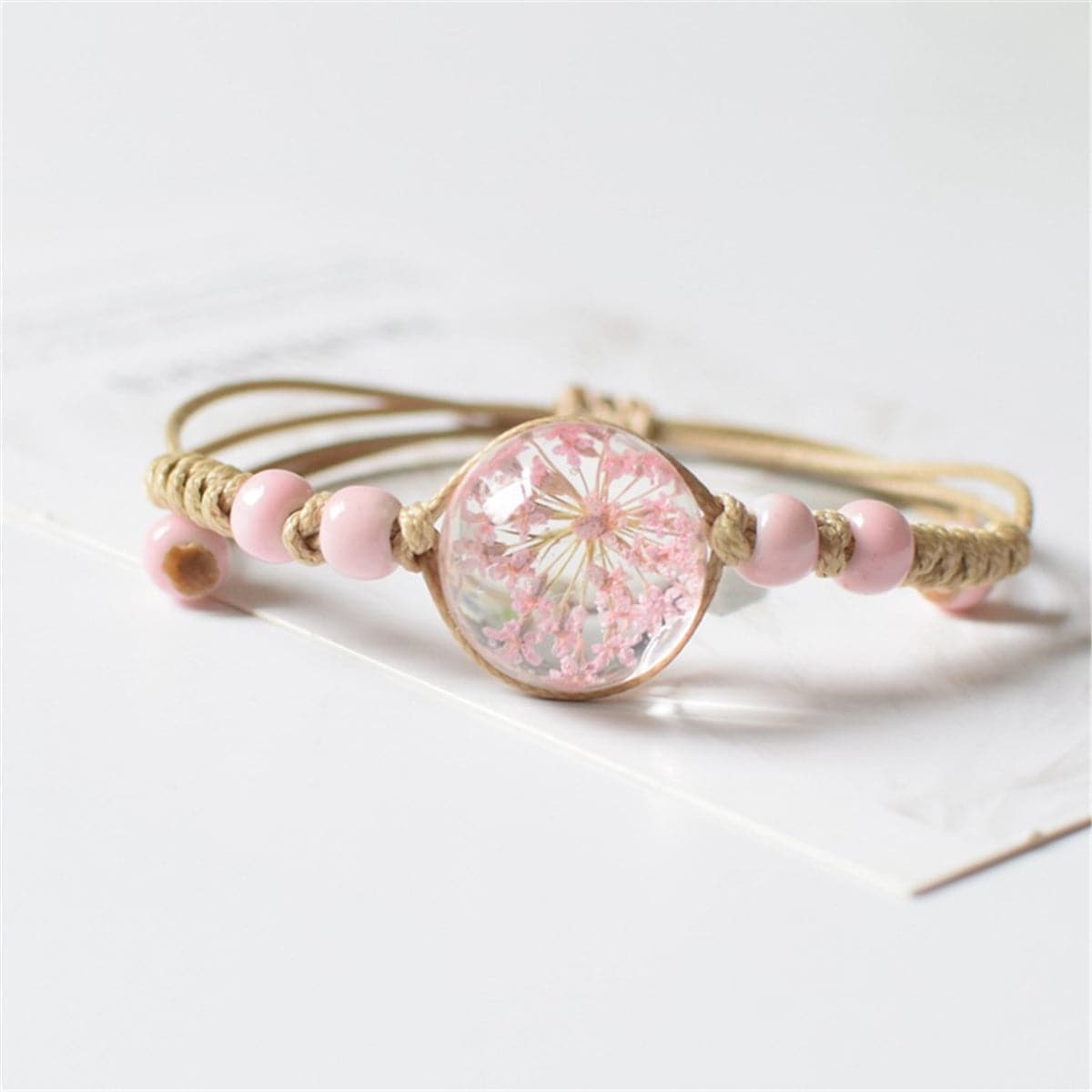Pink Gypsophila & Ceramic Bead Adjustable Bracelet