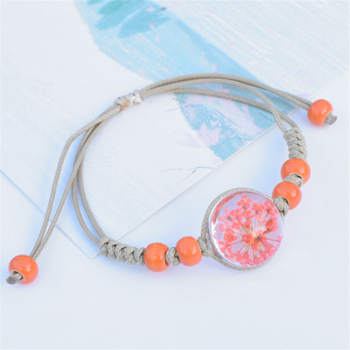 Orange Gypsophila & Ceramic Bead Adjustable Bracelet