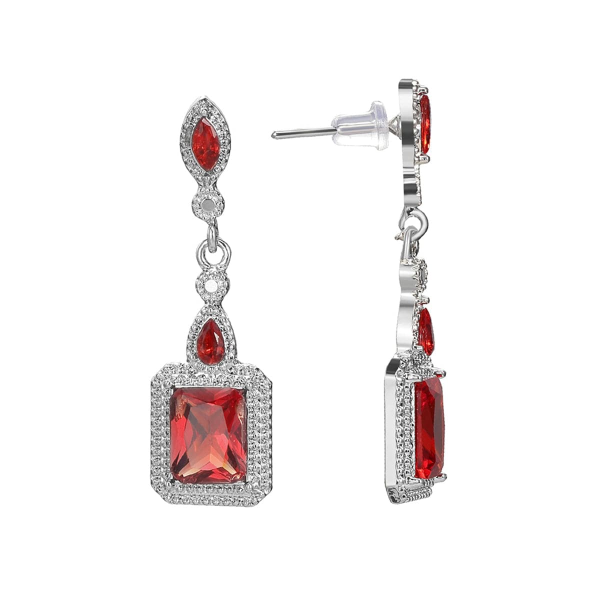 Red Crystal and Silver-Plated Square Drop Earrings, silver drop earrings for women, dainty minimalist design, side view
