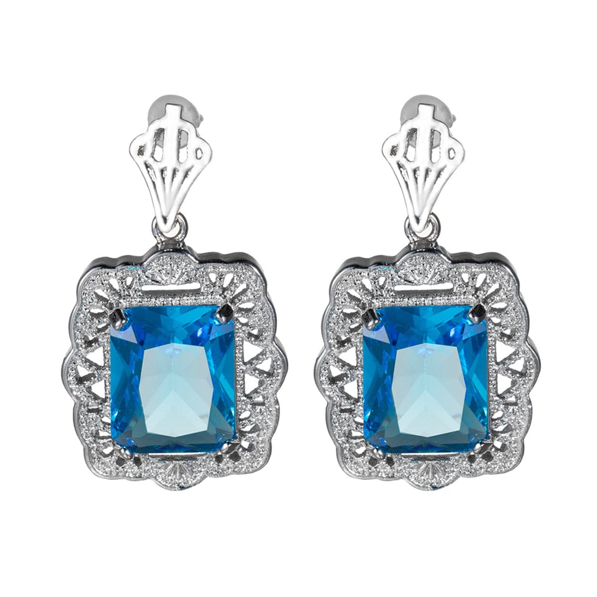 Blue Crystal & Silver-Plated Floral Radiant-Cut Drop Earrings