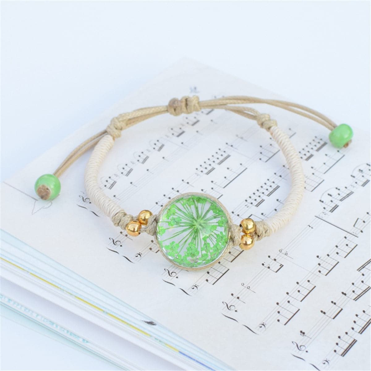 Green Gypsophila & Gold-Plated Bead Adjustable Bracelet